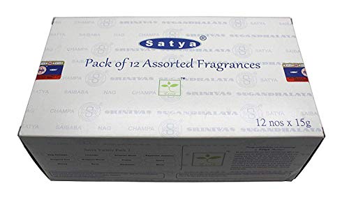 Set of 12 Nag Champa, Lavender, Arabian Musk, Egytian Jasmine, Musk, Dragon's Fire, Dragon's Blood, Prana, Ajaro, Money, Rose, Meditation by Satya Incense Bangalore (BNG)