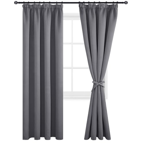 DWCN Grey Blackout Curtains for Bedroom Thermal Curtains Pencil Pleat 96 Drop Long Door Drapes with Tiebacks for Living Room 55 x 96 inch Length, Grey, 2 Panels - Image 2