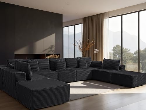 Image of 168 inch Cloud Sectional Couch, Comfort U Shaped Sofa for Living Room, Extra Deep Seats No Assembly, Minimalist Modular Couch, Corduroy (Black, 9 Seats,U-Shape A)