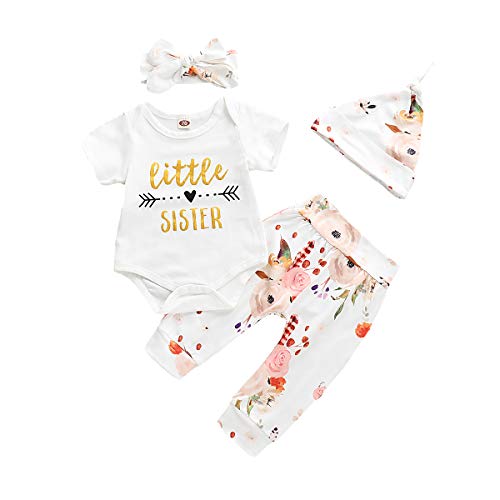 Infant Baby Girl Clothes Little Sister Newborn Outfits Bodysuit Top Romper+Floral Pant+Headbands 3Pcs Toddler Pant Sets (Short Little Sister, 0-3 Months)