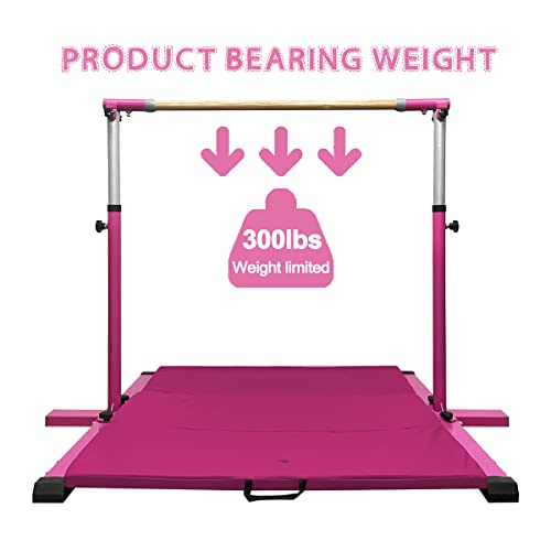 Glant Gymnastic Kip Bar,Horizontal Bar For Kids Girls Junior,3' To 5' Adjustable Height,Home Gym Equipment,Ideal For Indoor And Home Training,1-4 Levels,300Lbs Weight Capacity (Pink Mat) #TOP4