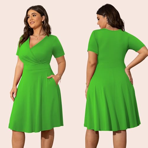 Image of POSESHE Womens Plus Size Dresses Summer Short Sleeve Wrap V-Neck Sundress Casual Wedding Guest Cocktail Dress with Pockets