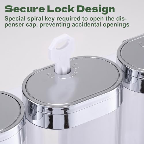 Image of Shower Dispenser 3 Chamber No Drill Shower Soap Dispenser Wall Mounted with Labels Shower Dispenser No Drill for Bathroom Hotel Kitchen, 8.4x2.5 Inch, Silver