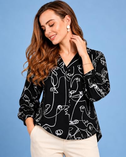 Image of Women Abstract Printed White V Neck Top, Three Quarter Sleeve, Regular Fit, Casual Office Wear