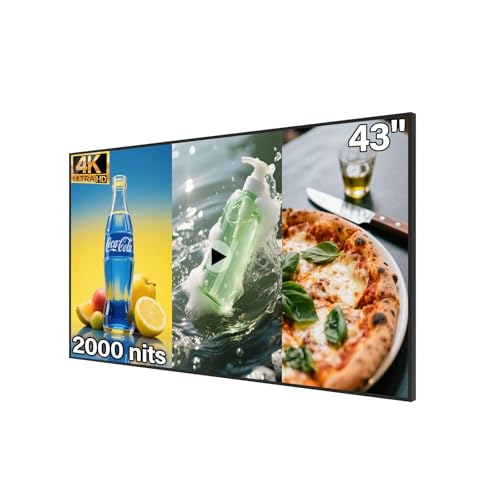 360SPB 43inch Wall Mount Digital Signage, 4K 2000nits High Brightness Advertising Display, Slim Fit Frameless Digital Kiosk, CMS/Plug & Play Auto Play, 7/24 Timer Switch, Smart Split Screen Play