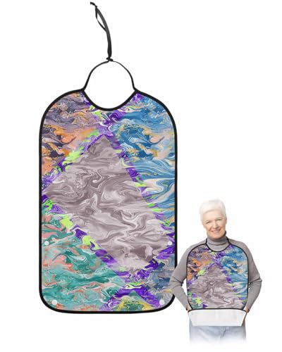 Onekaccu Marble Grey Blue Orange Green Teal Abstract Art Adult Bibs for Elderly Women Men Washable Bibs for Eating, Waterproof Clothing Protectors Adult Bibs with Crumb Catcher