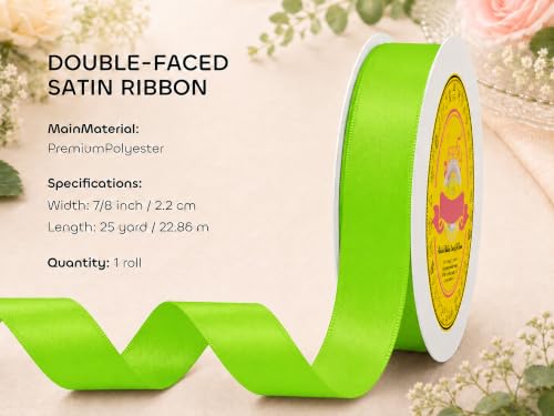 Image of Double Face Lime Green Satin Ribbon 7 /8 inch X 25 Yards Polyester Lime Green Ribbon for Gift Wrapping Very Suitable for Weddings Party Hair Bow Invitation Decorations and More