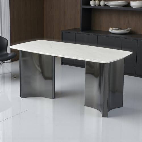 Image of The Attic Lunar Crest Ceramic Dining Table with Curved Titanium Base - Modern Luxury Rectangular 6 Seater Dining Table for Home & Hospitality