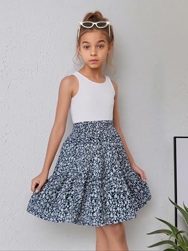 New 6-14 Years Seecholso Girls Casual Dress Ribbed Knit Tank Top Floral Skirt Elastic Waist Summer A-Line2