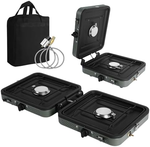 Julymoda 2 Burner Propane Camping Stove with Grill and Carrying Bag, Portable Folding Camp Stove with 17,000 BTU Adjustable Burners for Backpacking, Bicnics, Outdoor Cooking