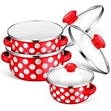 Luxshiny Juego de Ollas Esmaltadas Mini para Caldo 12-14-16 Cm, Cacerolas con Doble Asa, Fondo Plano, Color Rojo con Motivos Claros, Aptas para Cocina Doméstica y Sopas