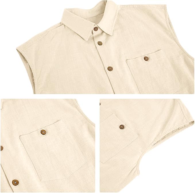 Fommykin Men's Linen Sleeveless Shirts Button Down Beach Tank Top Basic Solid Shirt Vest with Pocket - Image 5