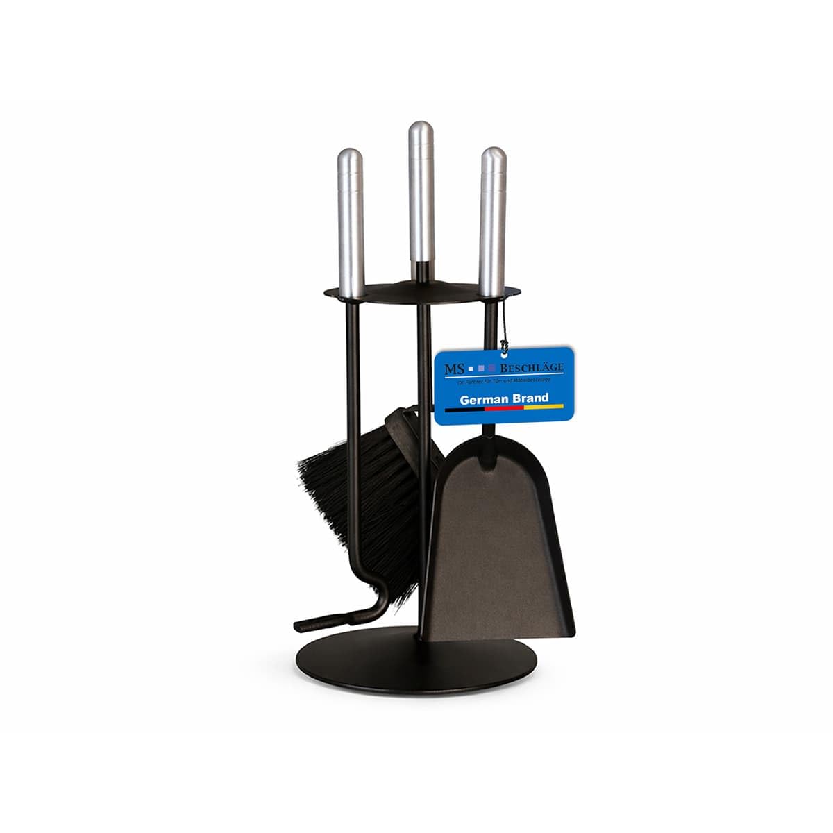 MS Beschläge Kaminbesteck 4-tlg. schwarz pulverbeschichtet – modernes Ofenbesteck Kamin-Set mit Schürhaken, Schaufel und Besen - kompakt & platzsparend - Kamingarnitur rund Griffe Aluminium gebürstet