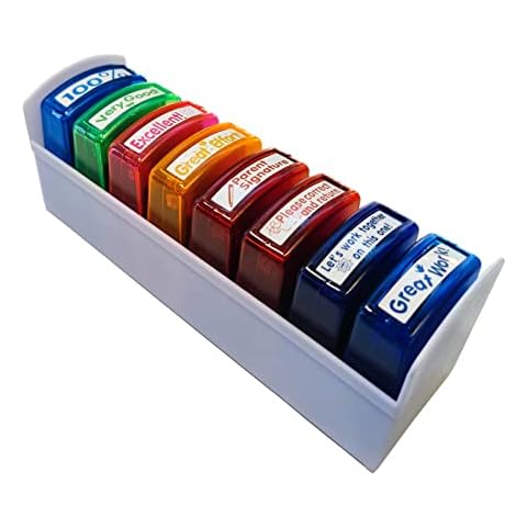 Best Teacher Kit Elementary School Supplies Teacher Stamps Self-Inking Stamps for Classroom Stamp with Stamp Tray Cover