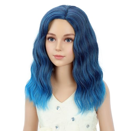 Image of PATTNIUM Blue Short Curly Wavy Wigs for Kids Girls Mixed Blue Side Part Shoulder Length Heat Resistant Synthetic Wig Halloween Cosplay Costume Party Wigs