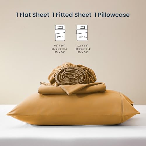 SLEEP ZONE Nanotex Super Soft Cooling Twin Bed Sheets Set for Kids 3 Piece - Easy Care Fitted Flat Sheet & Pillowcase Sets - Wrinkle Free, Fade Resistant, Deep Pocket 16" (Dull Yellow, Twin)