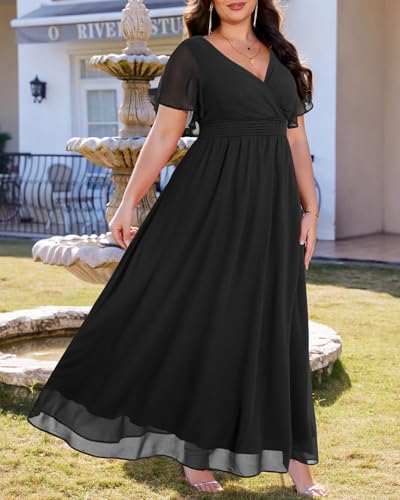 Image of Talisea Plus Size Formal Dresses - V Neck Flutter Sleeve Glitter Prom Evening Gowns Wedding Guest Chiffon Long Maxi Dress