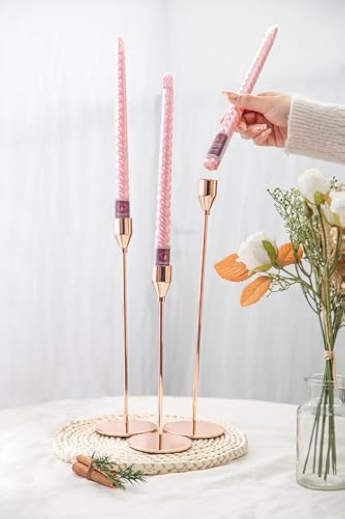 Spiral Wax Taper Candles, Unscented Pink Candlestick Set