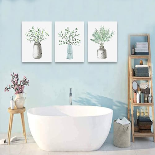 DZRWUBHS Canvas Wall Art For Dining Room Kitchen Wall Decor For Bedroom Office Decor Paintings Family Living Room Wall Decoration Green Leaf Vase Wall Pictures Artwork Room Home Walls Decor 3 Piece