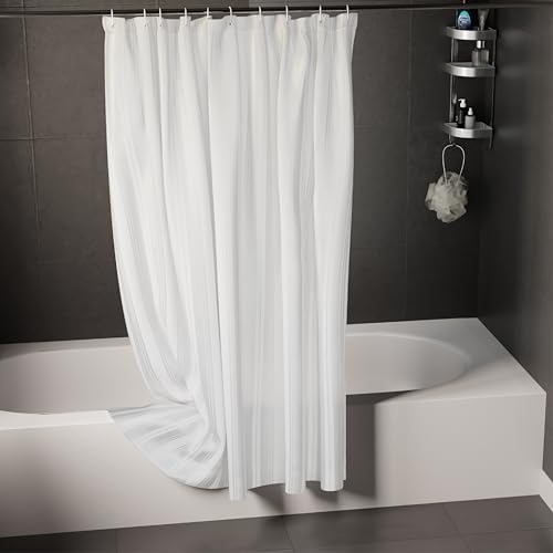 Image of Encasa XO Waterproof Shower Curtain for Bathroom 6 x 6.5 feet(183x200 cm), Anti-Fungal Polyester Washroom Curtain with 12 Hooks, Wet & Dry Partition Toilet Curtains Stripe White