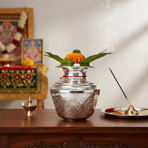 Image of Brass Ashtalakshmi 7 Inch German Silver Finish Kalash 2Ltr Capacity Puja Lota for Pooja Mangal Pot for Home Temple Decoration Hindu Religious Water Vessel