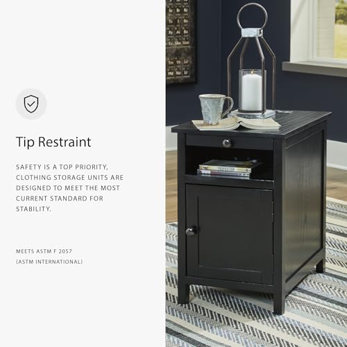 Signature Design by Ashley Treytown Casual Compact Chairside End Table with a Storage Cabinet, Open Cubby Shelf, Pull-Out Tray & USB Charging Ports, Black