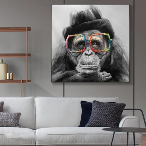 Singe avec des lunettes toile art moderne affiche noir et blanc 70x70 cm sans cadre pour salon