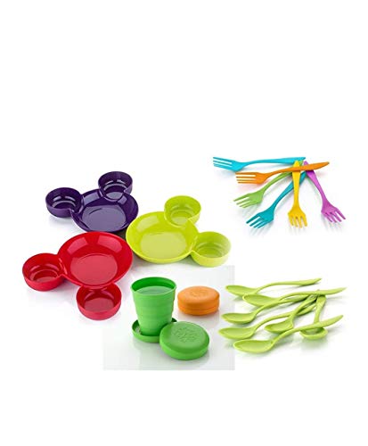 MTR Mantra Unbreakable Mickey Shaped Kids/Snack Serving Plate (Assorted Colors) (Pack of 3 pcs palte, 3pcs Spoon and 3 pcs-Fork and 1 pcs Glass)