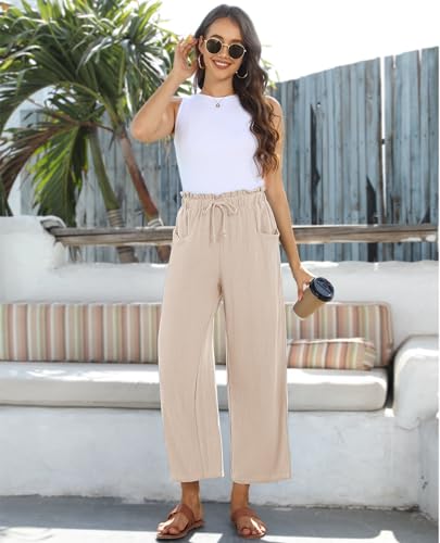 Image of siliteelon Wide Leg Linen Pants for Women Summer Capri Palazzo Flowy Pants Casual Loose High Waist Trousers with Pockets