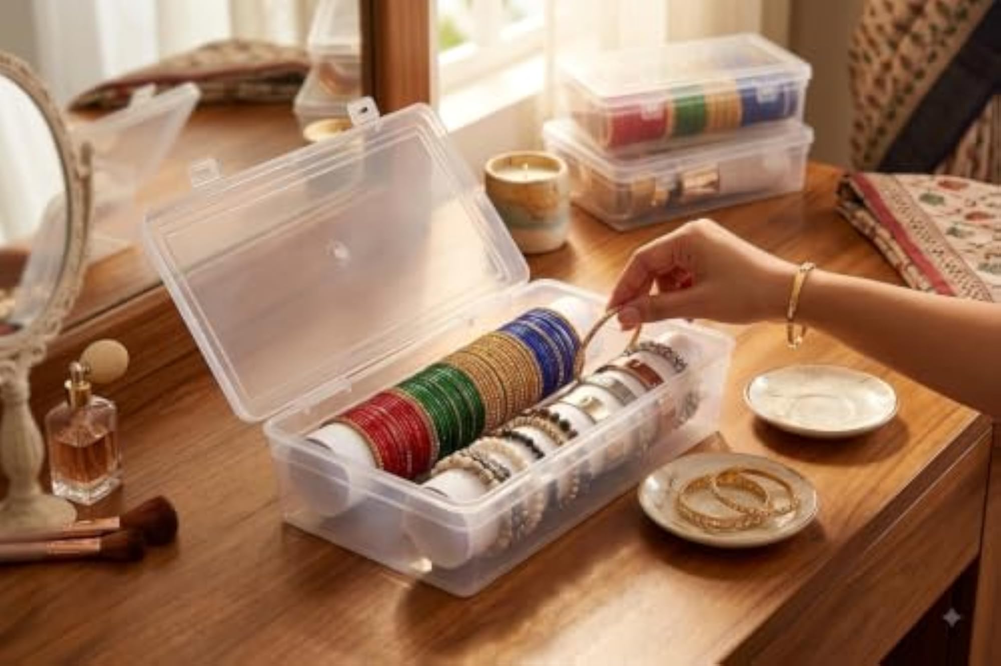 Clear Plastic Bangle Box with Lid, Transparent Storage Organizer