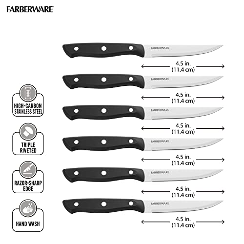 Farberware Triple Riveted Steak Knife Set, 6-Piece, High-Carbon Stainless Steel Knife Set, Razor-Sharp Steak Knife Set with Fine Edge Blades, Black by Farberware - Image 3