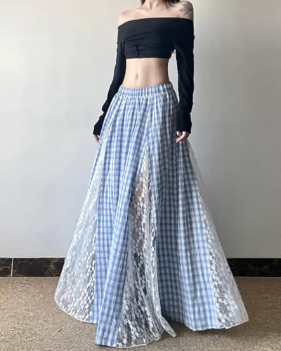 Women's Summer Plaid Maxi Skirt Lace Flowy Skirt Elastic Waist Pleated Long Skirts2