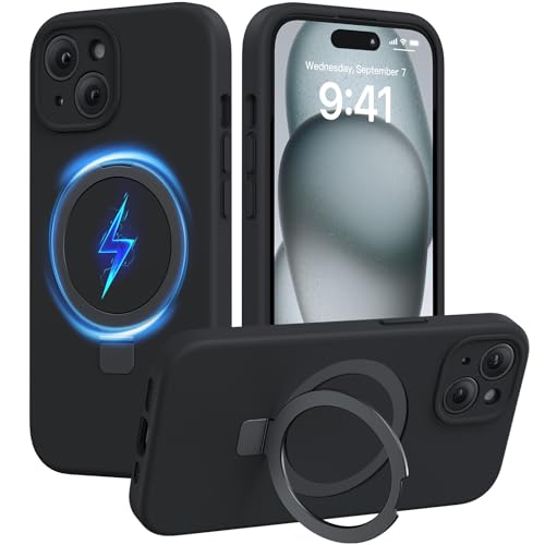 Miracase for iPhone 15 Case with Stand Compatible with All MagSafe Accessories Liquid Silicone Case Gel Rubber Shockproof Drop Protection Phone Case for iPhone 15 Black Mag-Stand
