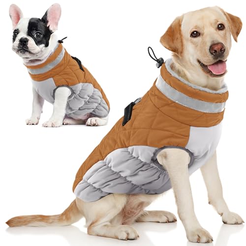 Image of AOFITEE Dog Coat, Warm Dog Jacket, Reflective Winter Coats for Medium Dogs, Turtleneck Dogs Winter Jacket with Harness Built in, Waterproof Windproof Pet Fleece Vest Puffer Jacket, Brown M