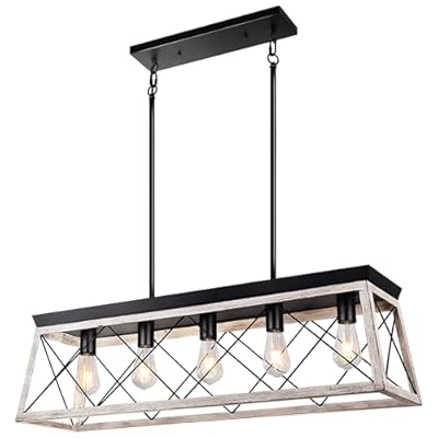 Merbotin Farmhouse Kitchen Island Light, 5 Light White Chandeliers Rustic Dining Room Light Fixture Distressed White Wood Finish Hanging Light Modern Linear Kitchen Light Over Table