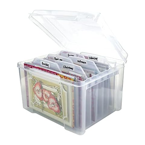 Joelver Maker Plastic Clear Greeting Card Box with 6 Clear Removable Dividers and 6pcs magnet sheets, Card Organizer perfect for card, small craft items storage Cover