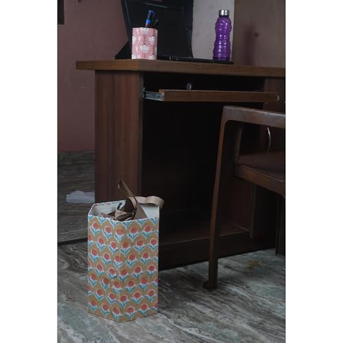 Image of Floral Hand Block Printed 3.3 Gallon Decorative Waste Basket - Eco-Friendly Cardboard Trash Can, Plastic-Free & Sustainable, Perfect for Christmas and Housewarming Gifts (1, Yellow Blue FLOWAR)