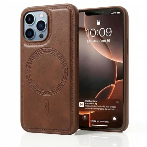 Image of amazon basics Premium PU Leather Case for iPhone 13 Pro, MagSafe Compatible Magnetic Ring, Sleek Protective Back Cover - [Brown]