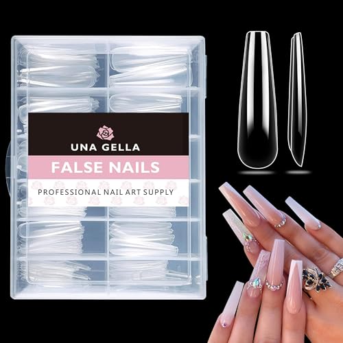 Image of UNA GELLA XXL Coffin Nails Tips Full Cover 216pcs Extra Long Coffin Nail Tips No C Curve Clear Coffin Ballerina Nail Tips False Fake Acrylic Nails for Nail Extensions DIY Art Salon