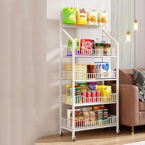 4/5 Tier Steel Snack Rack Display Stand with Hook and Wheels, Potato Chip Shelf, for Kitchen Convenience Commercial Supermarket Pantry, Food Holder Organizer for Break R image 2