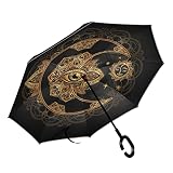 MNSRUU Parapluie inversé double couche avec motif croissant de lune et soleil - Style bohème - Pour voiture et extérieur - Avec poignée en forme de C - Protection UV et coupe-vent, Mutli, L