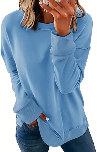 FANGJIN Pullover Damen Winter Sweatshirt Baumwolle Langarmshirt Los Angeles Vintage Oversized Rundhals Pullover Casual Oberteile Tops Blau Klein(36 38)