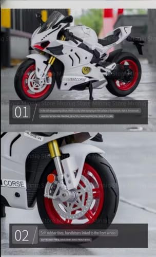 Image of Duoti Panigale V4 DieCast Bike Model, Suspension and Hand Free Roller, Toy Motorcycle Collection with Music Lighting Toy for Kids [Panigale V4- White]