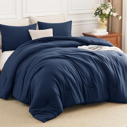HIMEET Full Comforter Set 3 Piece 270GSM Down Alternative Fill Oeko-TEX Certified Quilted with 8 Corner Ties All Season Bedroom Decor Bedding 1 Comforter (82x86) with 2 Pillowcases Navy Blue