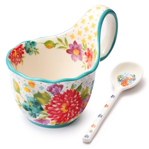 Pioneer Woman Soup Bowls with Loop Handles Handpainted Ceramic Soup Mugs