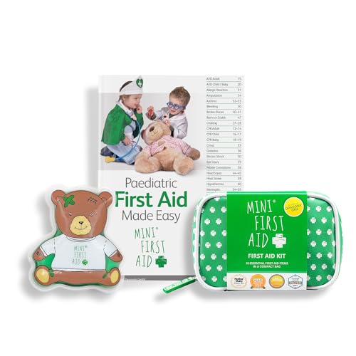 Mini First Aid Essentials Bundle Mini First Aid Kit (90 Items) Kids First Aid Kit for Travel Home Office & Camping - Teddy Hot & Cold Gel Pack & Paediatric First Aid Made Easy Book