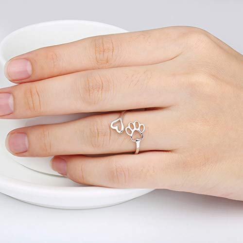 Puppy Pet Lovers Paw Print Ring Heart 925 Sterling Silver Adjustable Ring Pet Animal Jewelry Creative Pierced Love Dog Cat Claw Ring Pet Loving Friend Families Gifts (Silver Heart Paw Ring) #TOP1