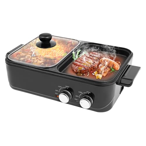 biniliubi 2 In 1 Health Grill & Hot Pot Electric Divider Multi-Cooker Versatile Non-Stick Grill Griddle Plates Flat Glass Lid Cooking Adjustable Temperature Chafing Dish Pan Integrated Double Plates