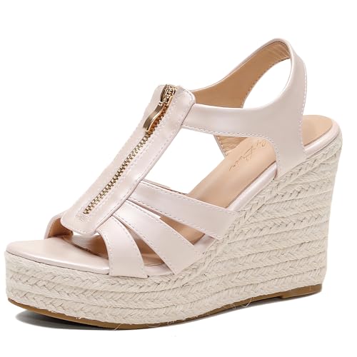 Image of Womens Front Zipper Espadrille Wedge Sandals Dressy, High Heel Platform Sandals Open Toe Slingback, Comfy Sexy Summer Wedges Sandals