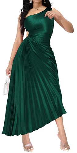 SeNight Women Elegant Dress Sexy One Shoulder Bodycon Pleat Dark Green Maxi Dress